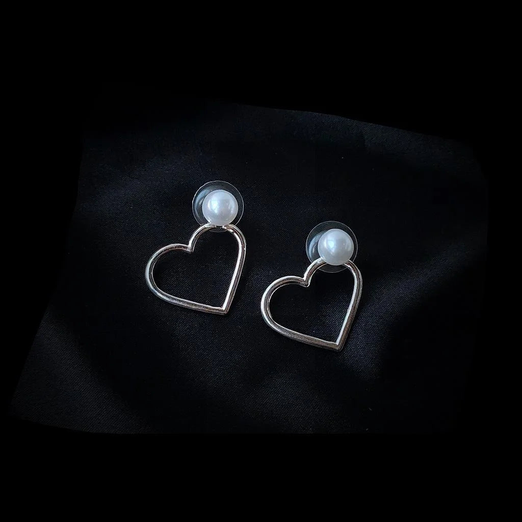14K Gold Plated Alloy Hollow Heart Pearl Stud Earrings, Minimalist Two-Way European Style