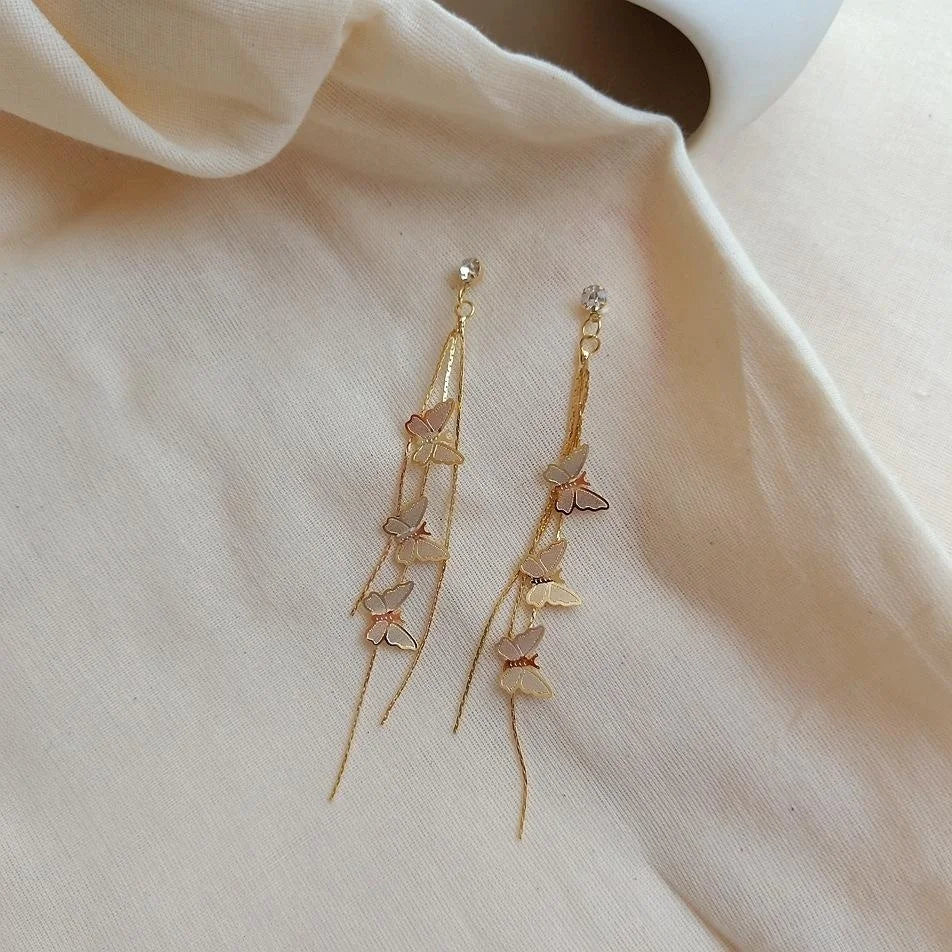 14K Gold Plated Copper Long Butterfly Tassel Stud Earrings For Women Forest Style