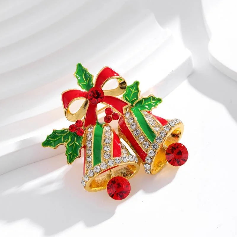 Luxury Christmas Bell Bow Enamel Rhinestone Brooch For Women, Festive Lapel Pin Corsage Gift