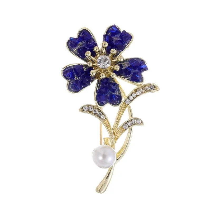 Elegant Enamel Flower Brooch With Rhinestone Leaves And Pearl, Gold Alloy Lapel Pin Corsage Suit Accessory