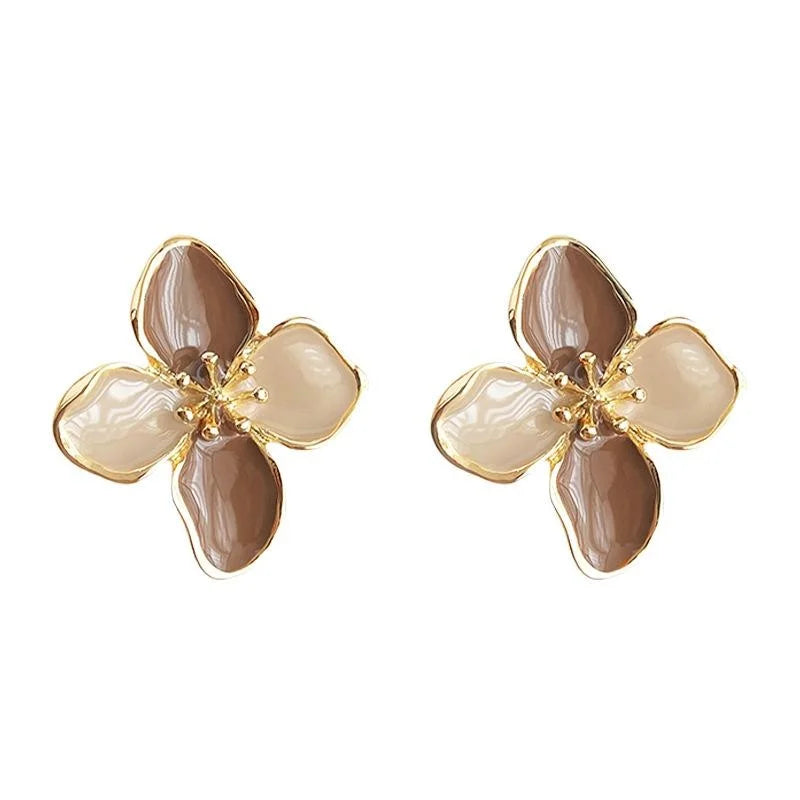 French Vintage Burgundy Enamel Flower Stud Earrings 14K Gold Plated Copper Fashion Jewelry