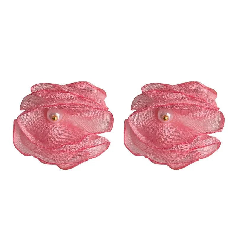 Vacation Style Pink Mesh Handmade Flower Drop Earrings With Lustrous Pearl French Romantic Jewelry