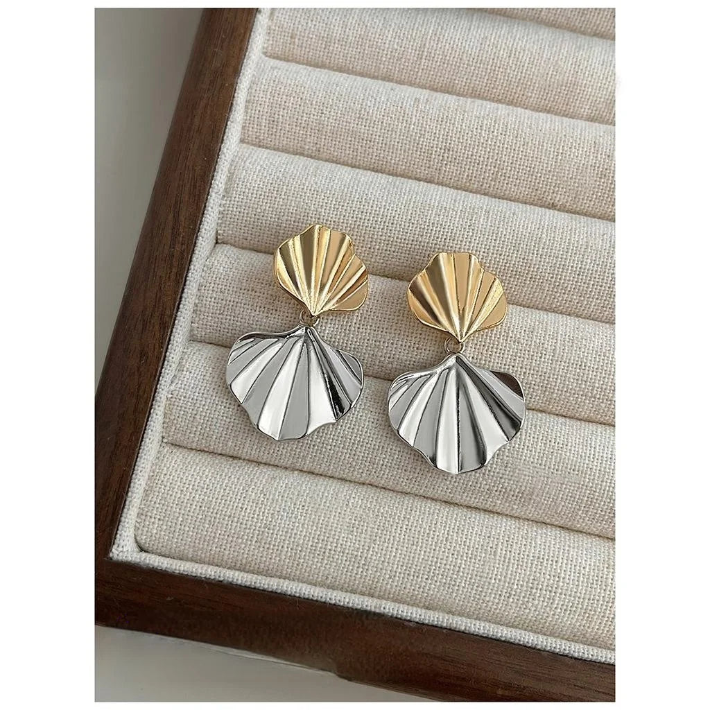 Two Tone Plated Copper Fan Pleated Geometric Drop Earrings For Women Statement Commuter Style