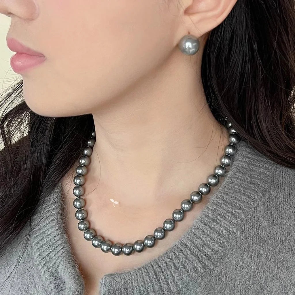 14K Plated Gray Glass Pearl Geometric Round Sweater Necklace Choker