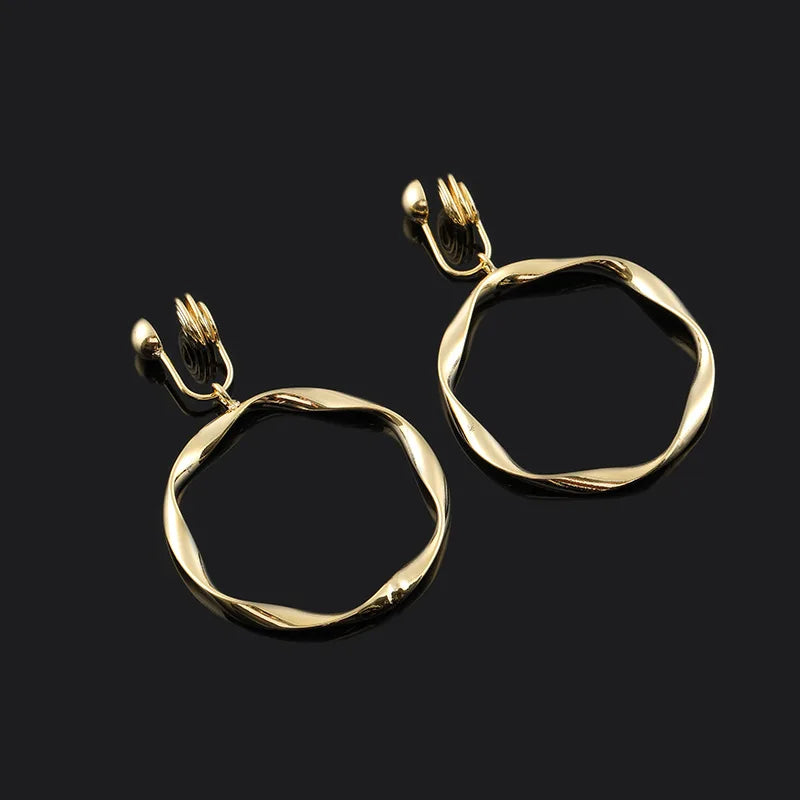 Elegant Gold Alloy Twisted Large Hoop Drop Stud & Clip On No Piercing Statement Circle Earrings