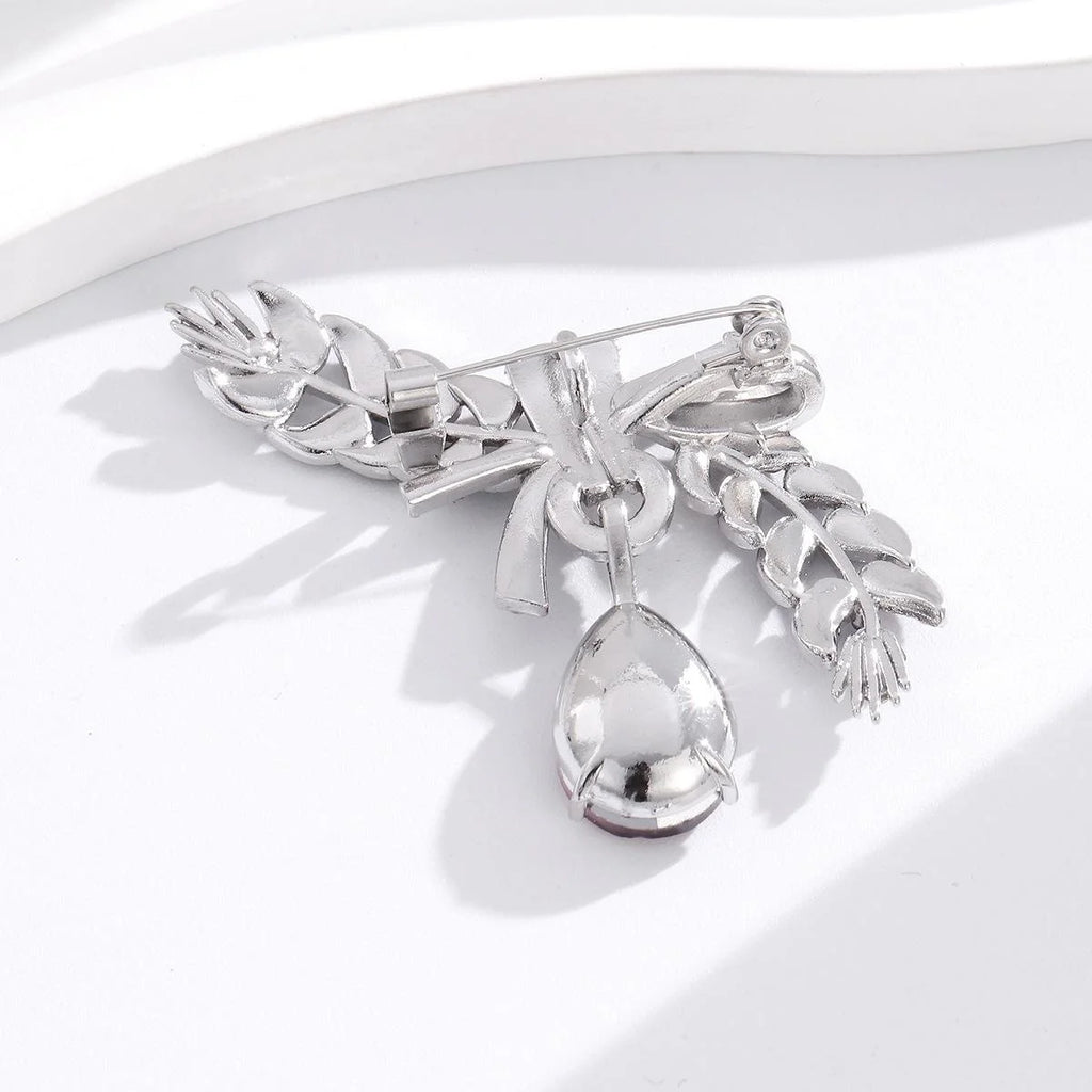 Elegant Rhinestone Bow And Wheat Ear Brooch With Blue Teardrop Crystal Lapel Pin Corsage Gift