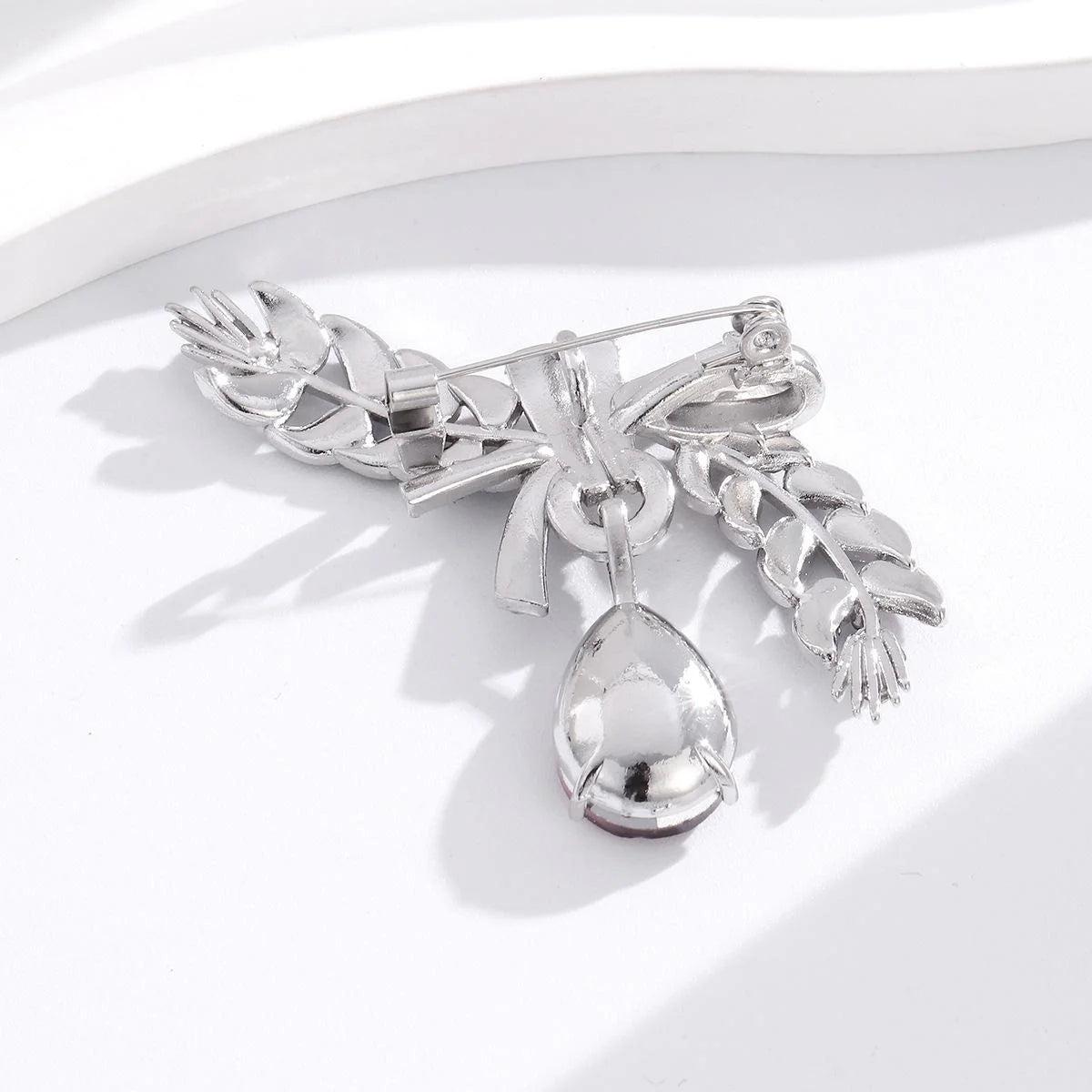 Elegant Rhinestone Bow And Wheat Ear Brooch With Blue Teardrop Crystal Lapel Pin Corsage Gift