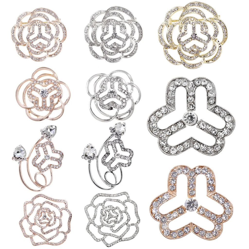 Elegant Rhinestone Women's Federation Emblem Flower Brooch, Alloy Crystal Lapel Pin Corsage Suit Gift