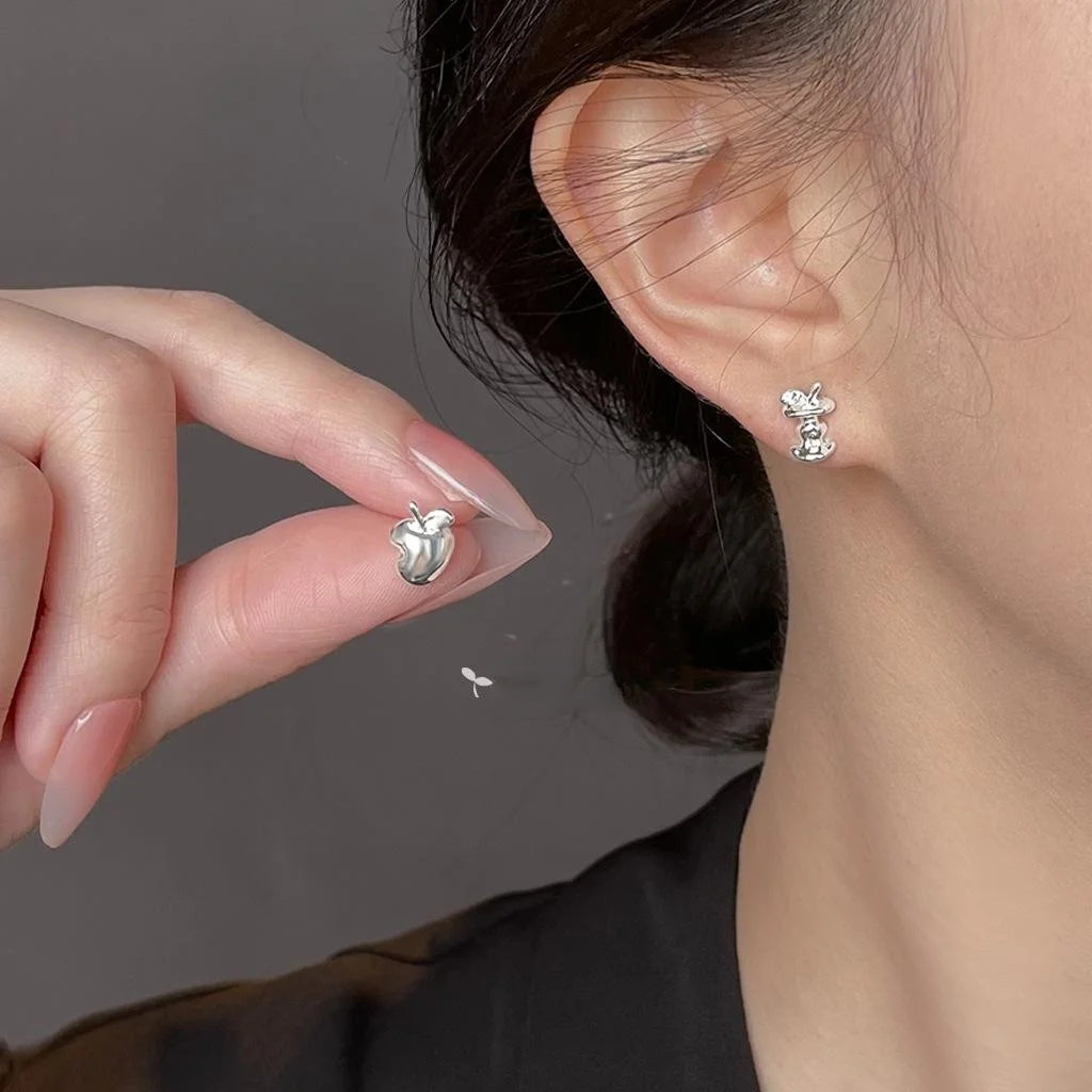 Style Fresh Asymmetric Apple AB Stud Earrings Copper Fruit Design