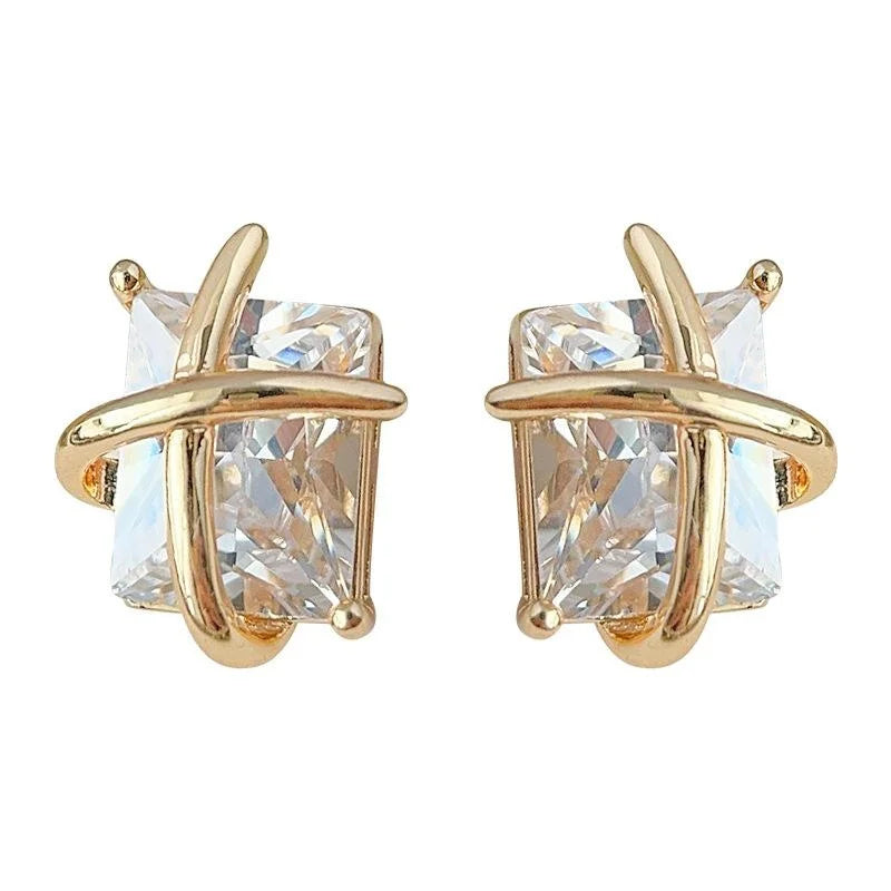 Light Luxury Copper Cubic Zirconia Stud Earrings Geometric Cross Line Square Design