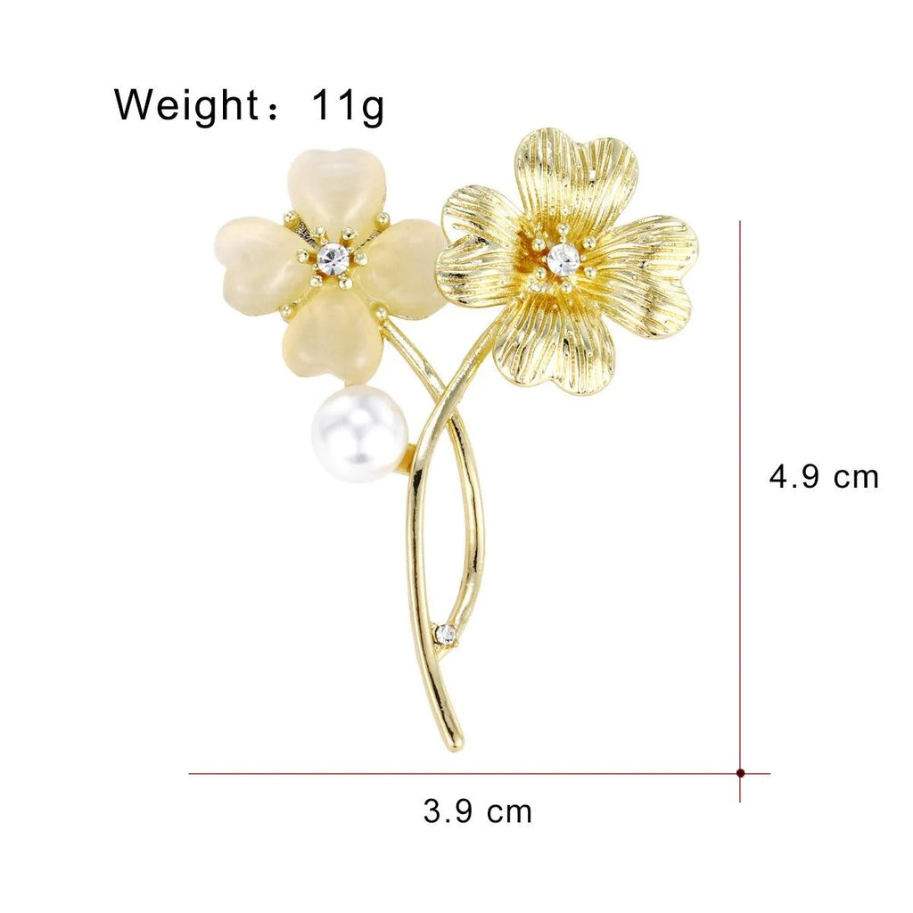 Elegant Double Flower Brooch With Faux Pearl And Rhinestone, Gold Alloy Lapel Pin Corsage Gift