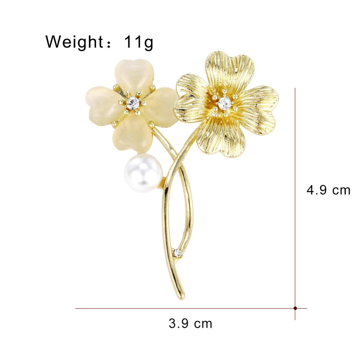 Elegant Double Flower Brooch With Faux Pearl And Rhinestone, Gold Alloy Lapel Pin Corsage Gift