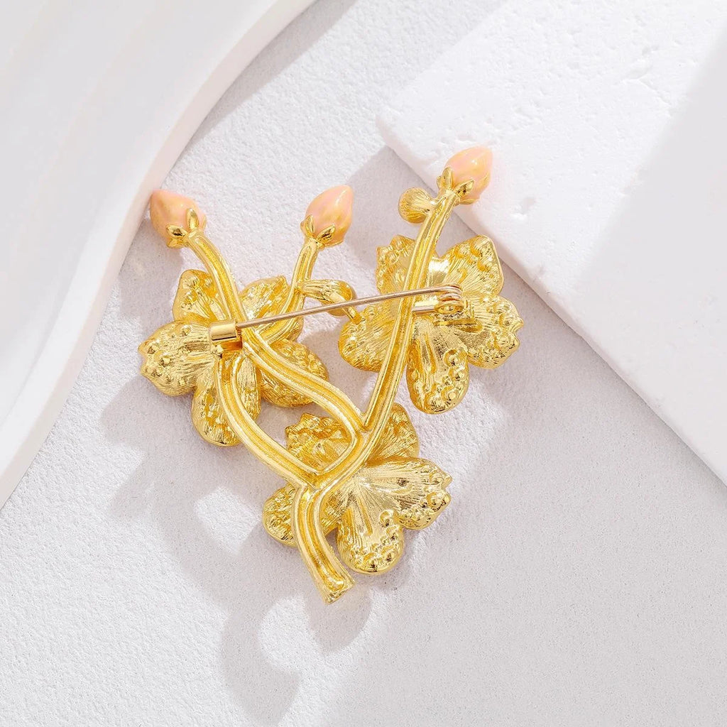 Elegant Peach Blossom Branch Brooch With Pink Rhinestones And Faux Pearls, Gold Alloy Lapel Pin Suit Accessory