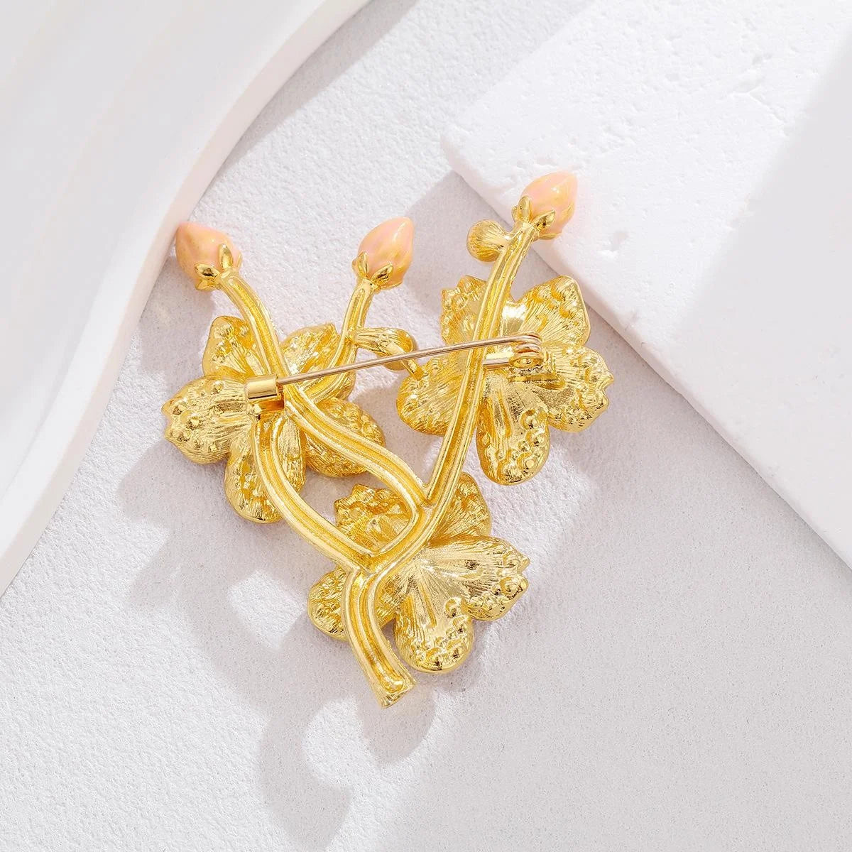 Elegant Peach Blossom Branch Brooch With Pink Rhinestones And Faux Pearls, Gold Alloy Lapel Pin Suit Accessory