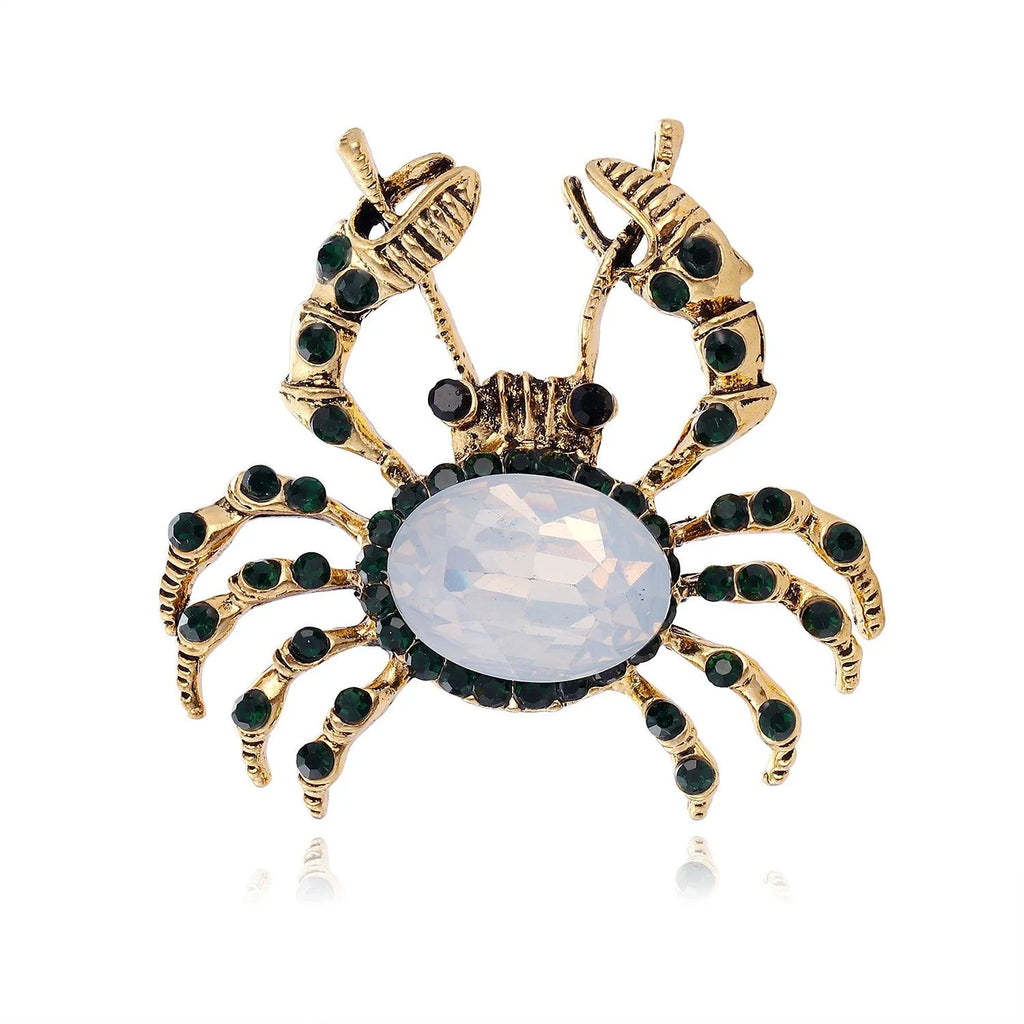 Cute Gold Alloy Crab Brooch With Green Rhinestones, Elegant Ocean Lapel Pin Suit Accessory Gift