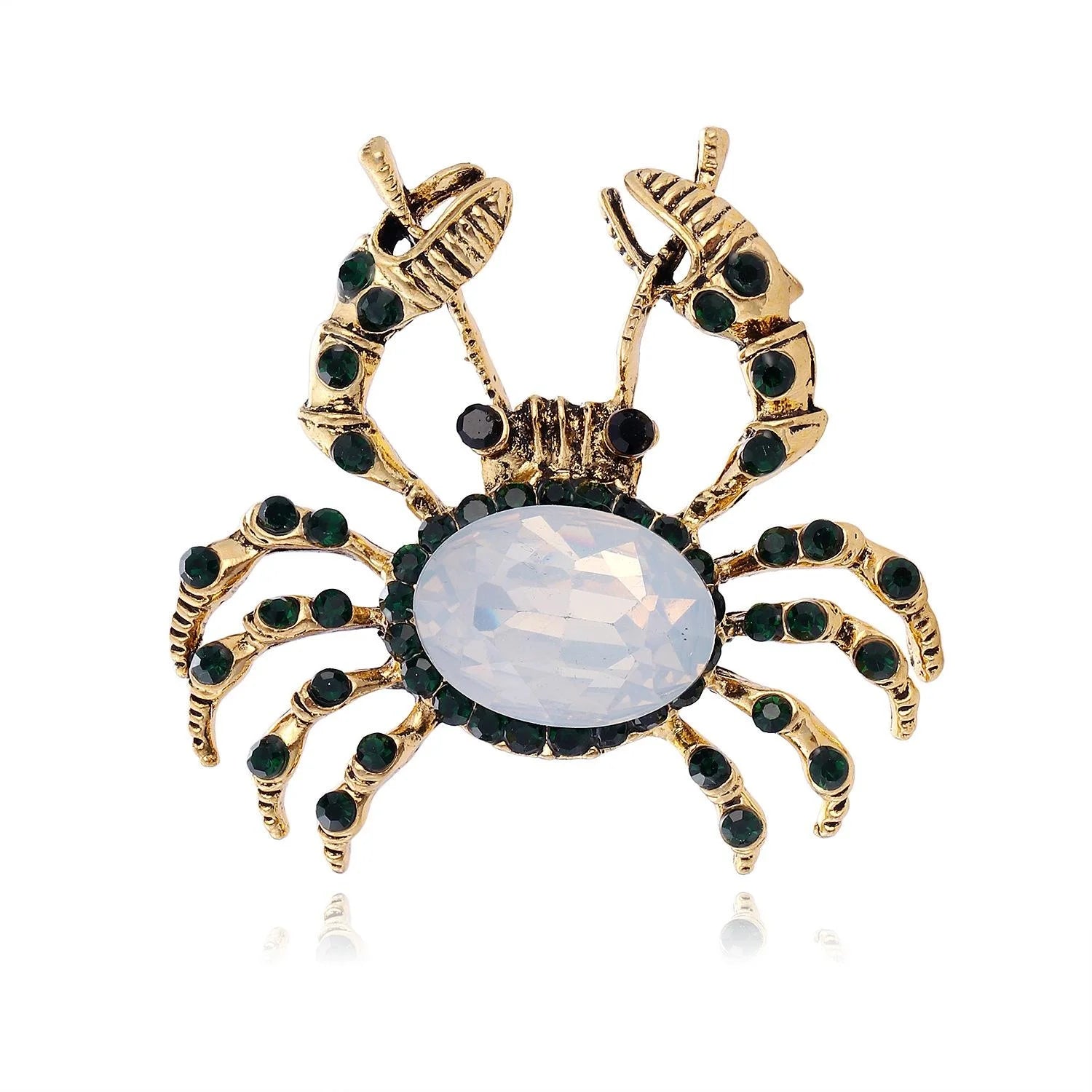 Cute Gold Alloy Crab Brooch With Green Rhinestones, Elegant Ocean Lapel Pin Suit Accessory Gift
