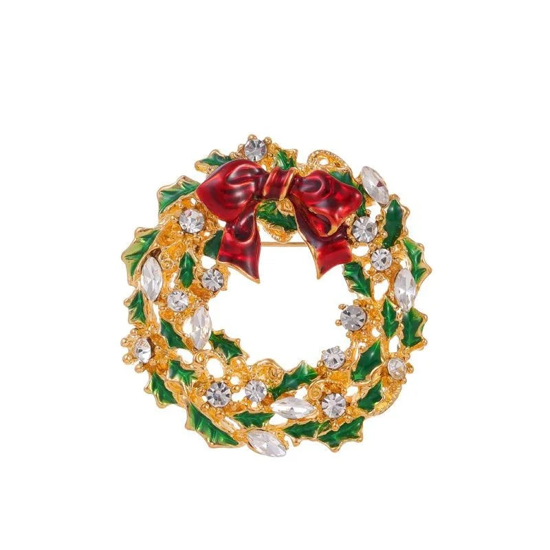 Elegant Christmas Wreath Brooch Alloy Enamel Red Bow Rhinestone Lapel Pin Corsage Suit Accessory Gift