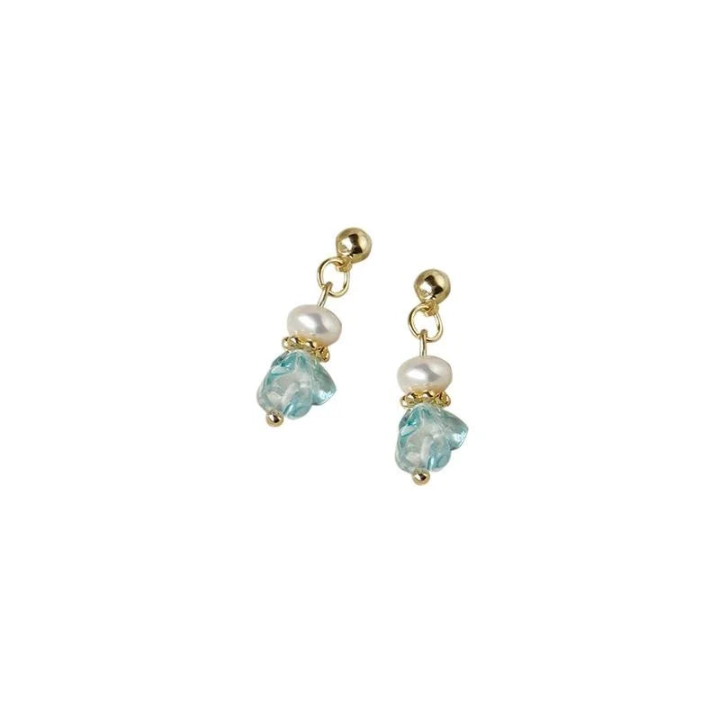 Handmade Aquamarine Chip Freshwater Pearl Stud Earrings 14K Gold Plated Geometric Jewelry