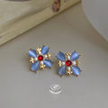 Silver Plated Copper Glass Cat Eye Stone Floral Petal Drop Earrings for Women