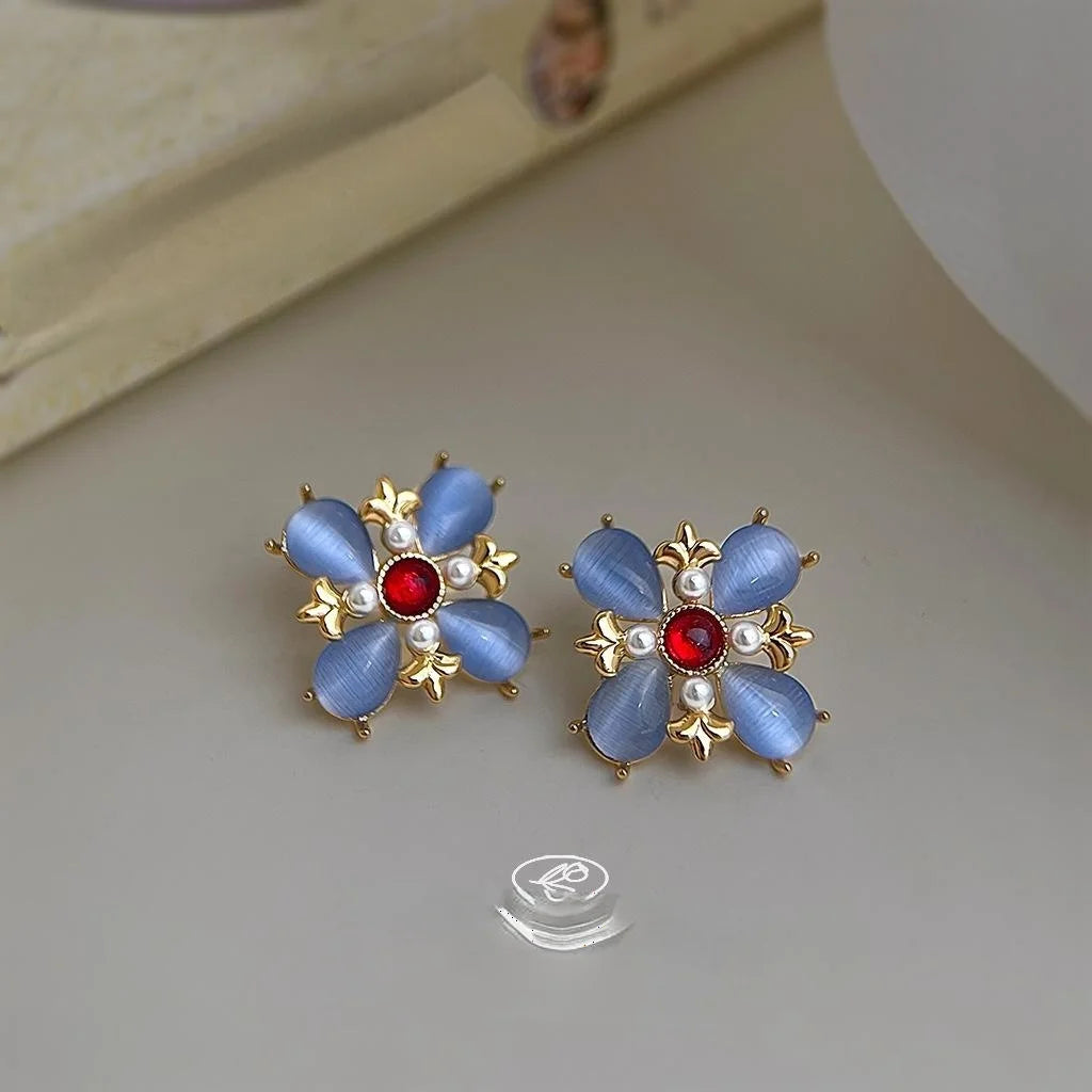 Silver Plated Copper Glass Cat Eye Stone Floral Petal Drop Earrings for Women