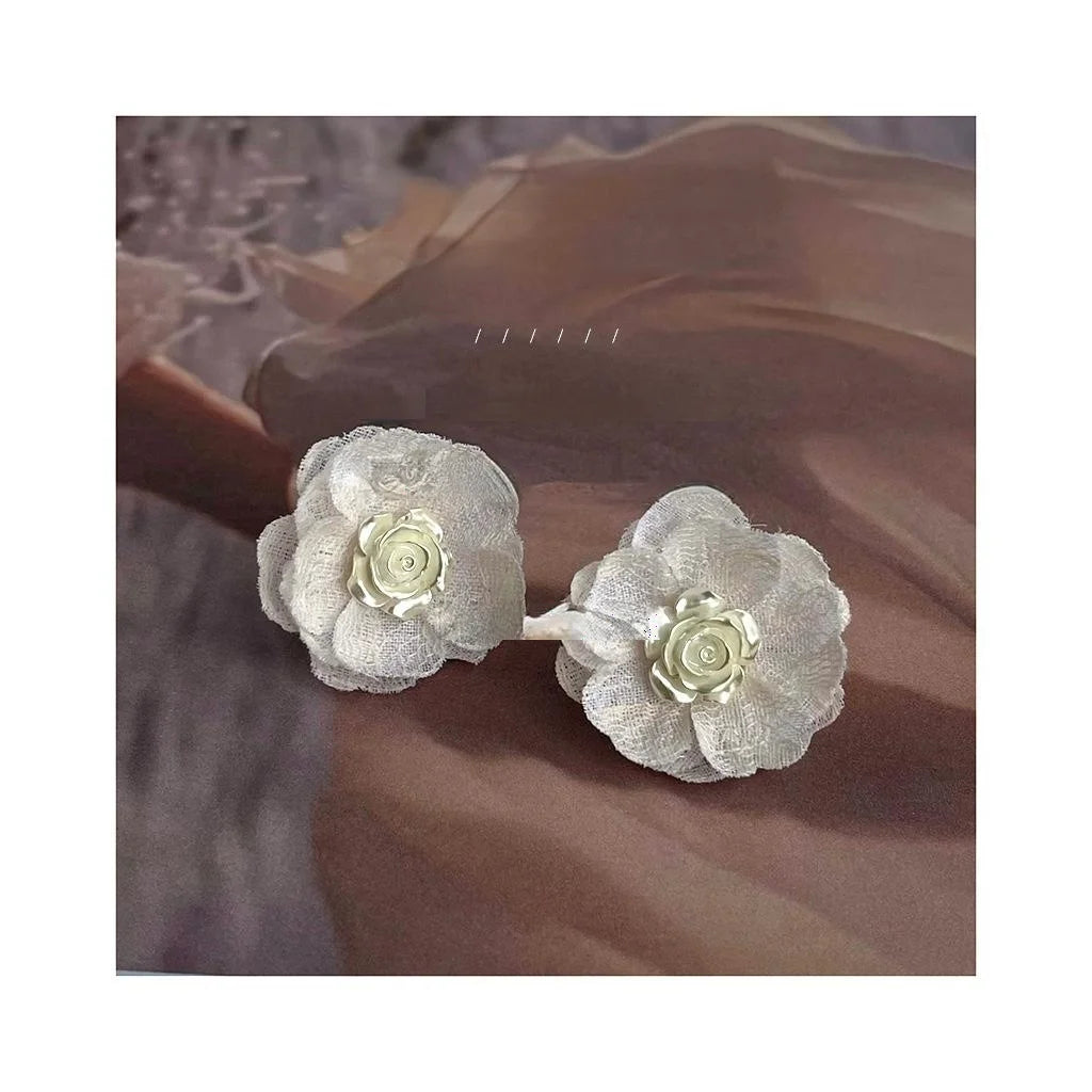 Fairy Style White Mesh Fabric Big Flower Drop Earrings Handmade Statement Floral Summer Jewelry