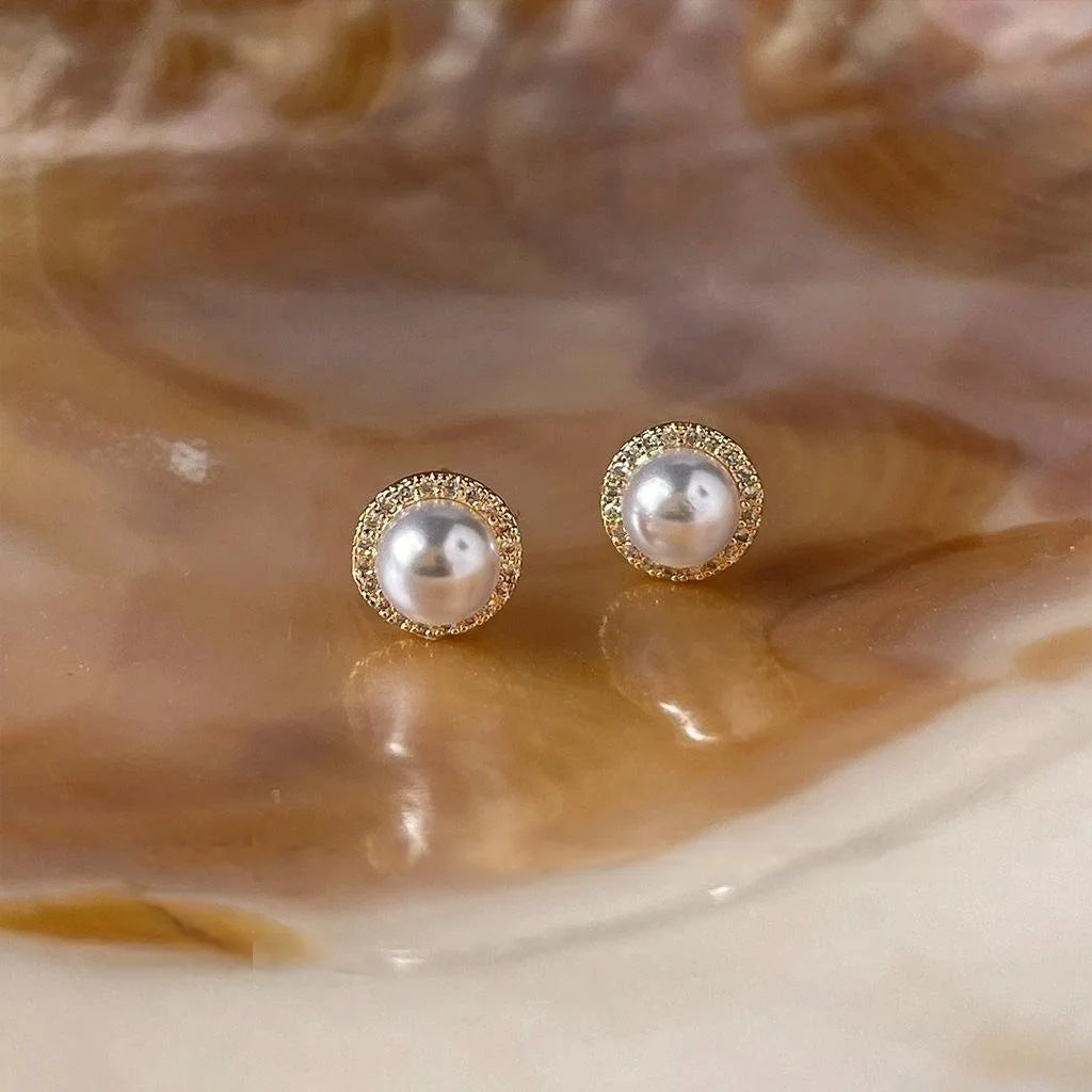 14K Plated Copper Round Geometric Micro Pave Zircon Stud Earrings
