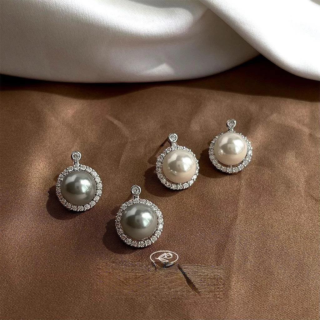 Micro Pave Zircon Glass Pearl Stud Earrings Copper Geometric Round Minimalist Office Jewelry