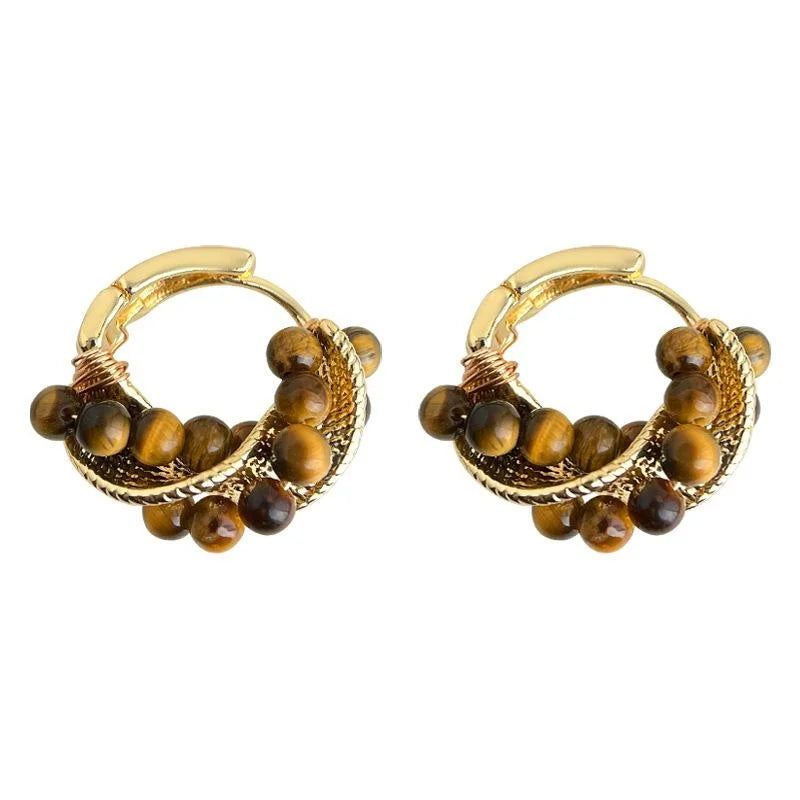 Handmade Copper Tiger Eye Geometric Twisted Round Vintage Maillard Style Drop Earrings