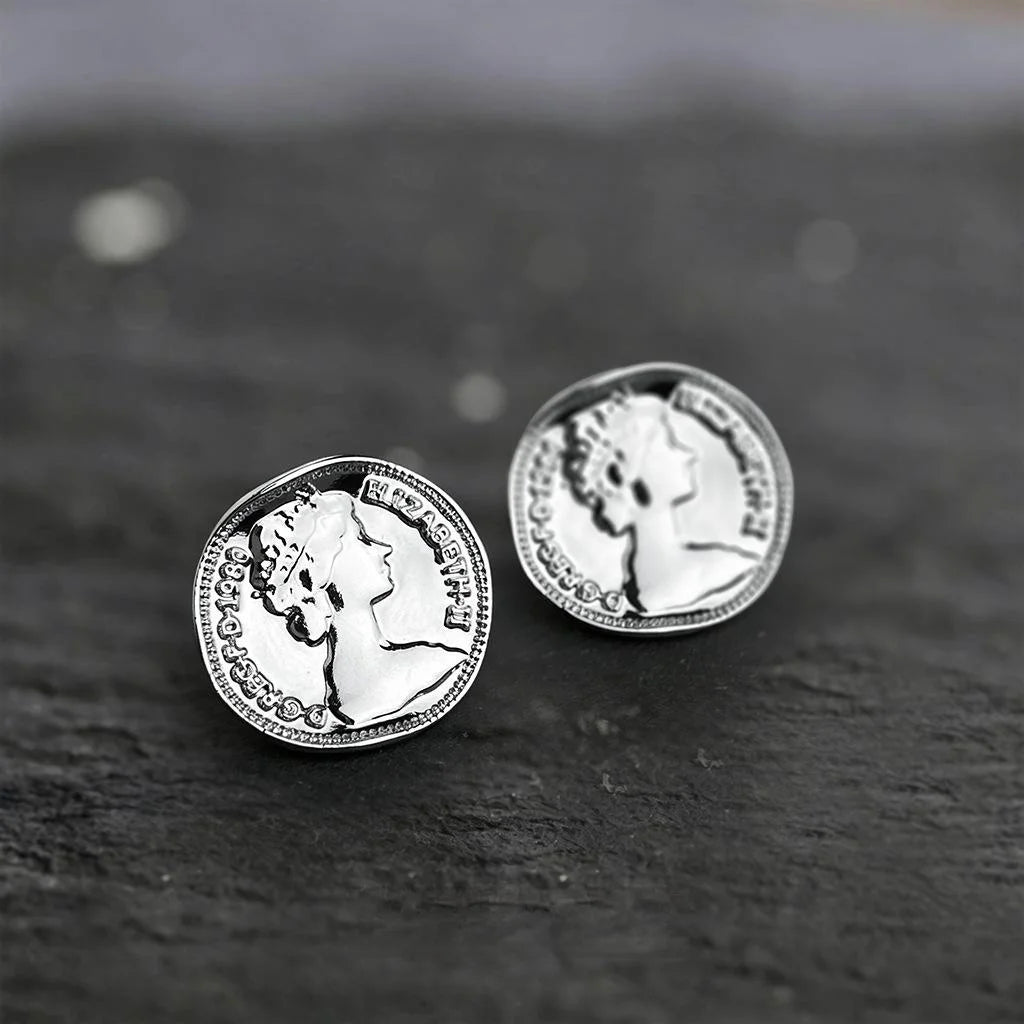 Sweet Cool Eco-Friendly Copper Curved Silver Coin Stud Earrings, Minimalist Geometric Round Design