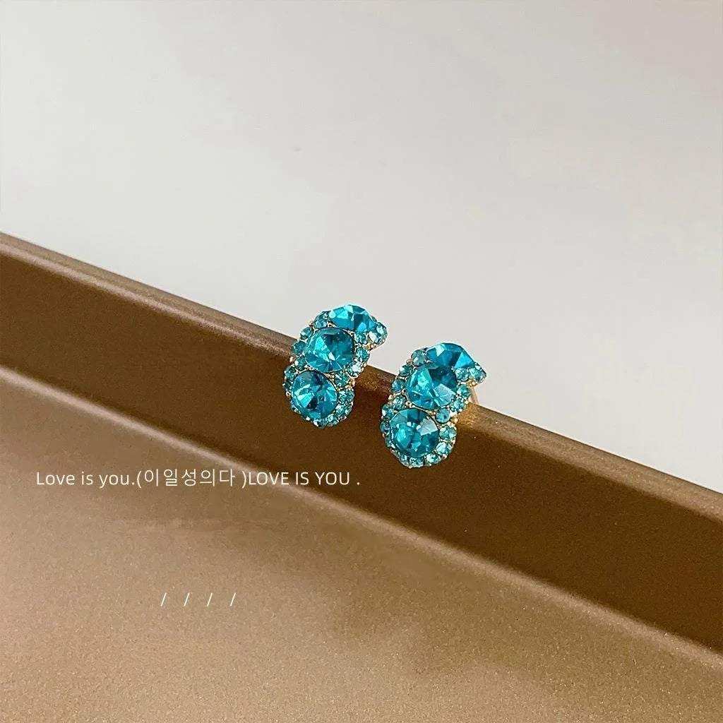 Sweet Cool Semi Curved Green Glass Rhinestone 14K Plated Copper Oval Stud Earrings For Women