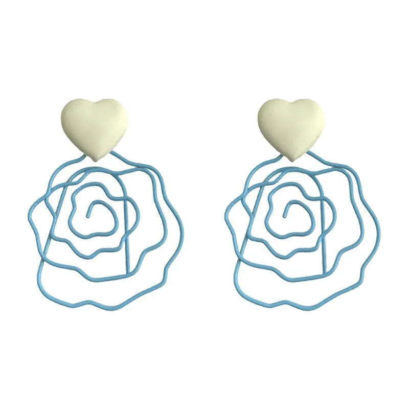 Sweet Summer Blue Hollow Enamel Rose Flower Copper Statement Drop Earrings For Women