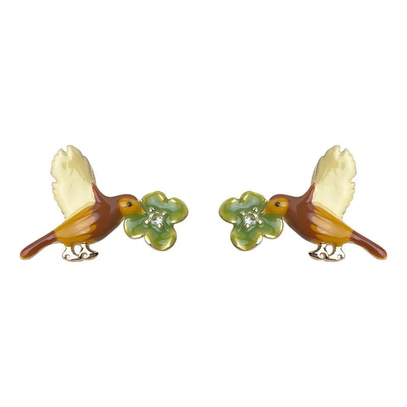 Elegant Enamel Glazed Copper Bird Flower Stud Earrings With Silver Plated Pins