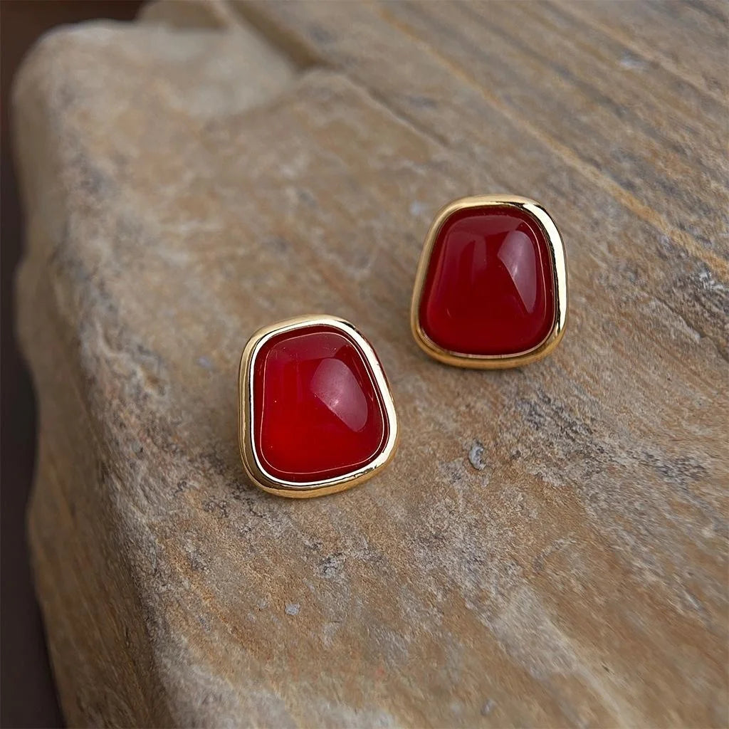 14K Gold Plated Copper Burgundy Geometric Stud Earrings French Vintage Jewelry