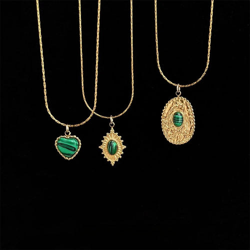 Vintage 18K Gold Plated 304 Stainless Steel Synthetic Malachite Heart Choker Necklace