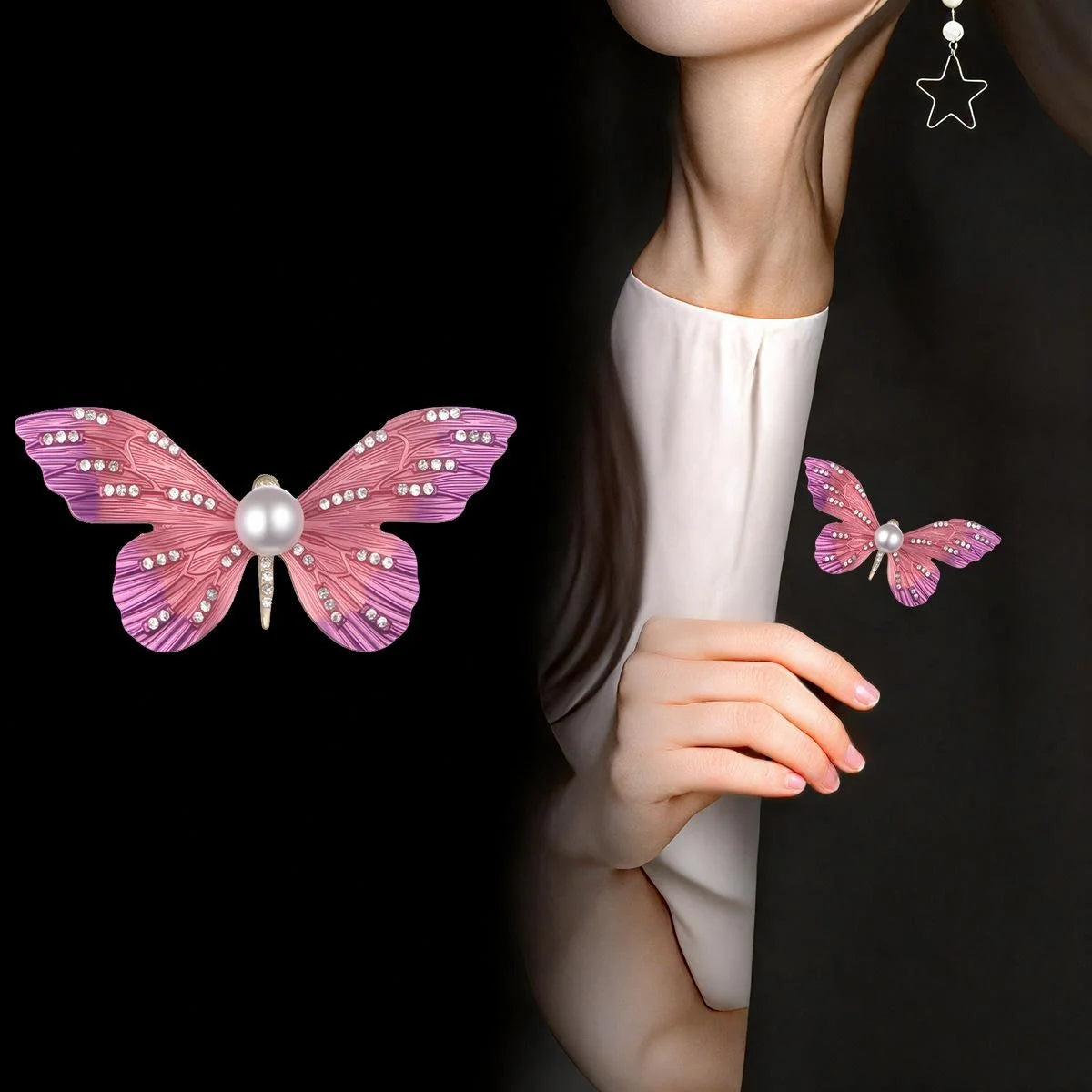 Elegant Gradient Enamel Butterfly Brooch With Pearl And Rhinestone Inlay, Women's Lapel Pin Gift