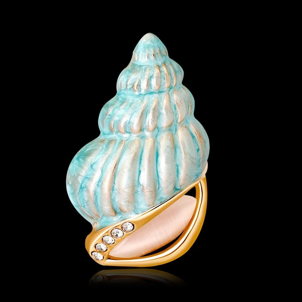 Elegant Light Blue Conch Shell Enamel Brooch With Rhinestones, Alloy Lapel Pin Corsage Suit Accessory