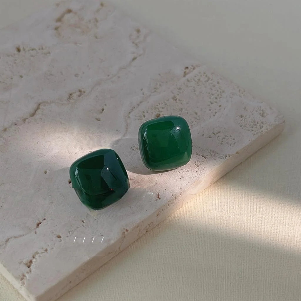 Dark Green Square Resin Stud Earrings With Silver Plated Pins Minimalist Geometric Jewelry