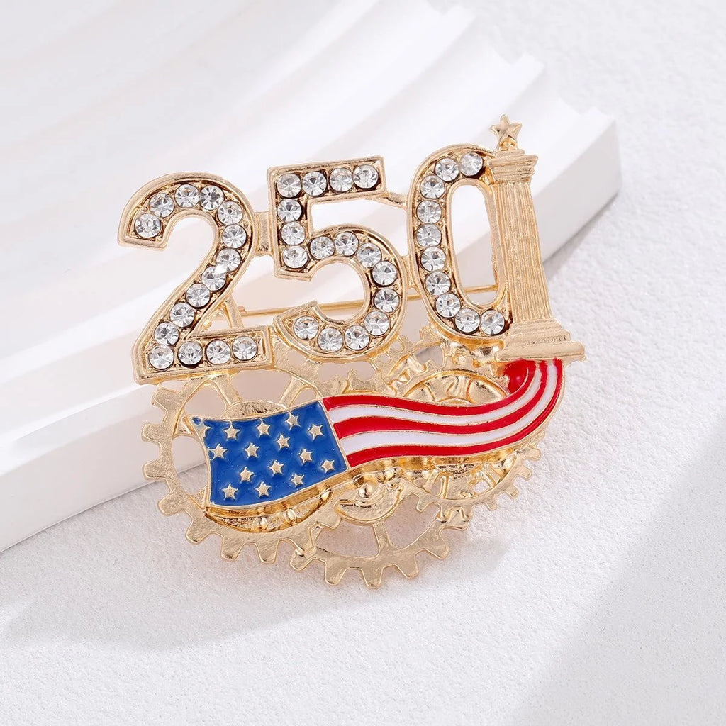Luxury USA 250th Anniversary Gear Flag Rhinestone Alloy Brooch, Vintage Lapel Pin Suit Accessory Gift