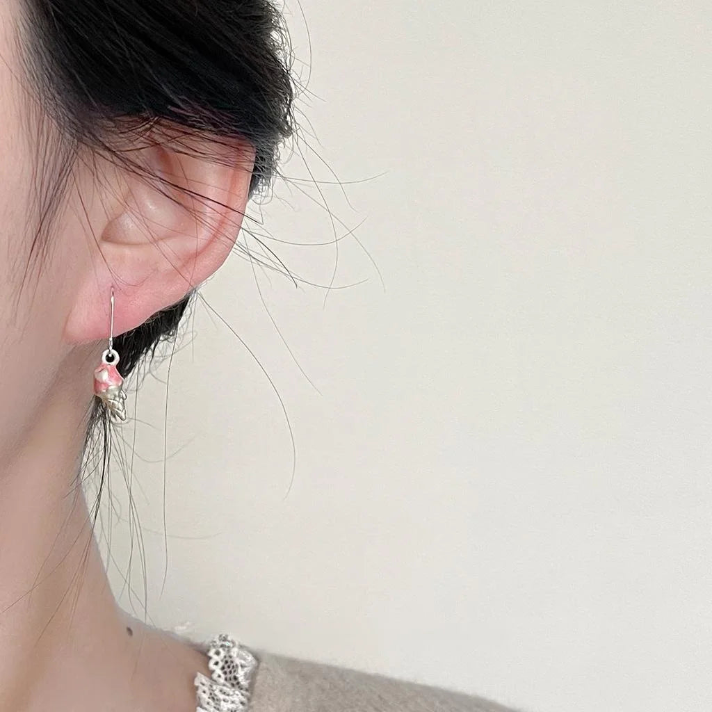 Cute Pink Melting Ice Cream Cone Copper Drop Earrings, Korean Summer Sweet Novelty Jewelry