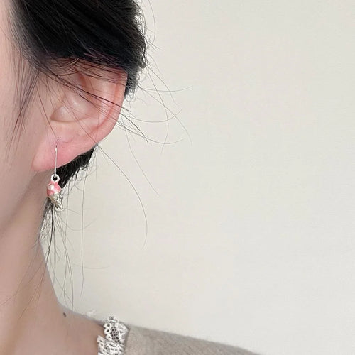 Cute Pink Melting Ice Cream Cone Copper Drop Earrings, Korean Summer Sweet Novelty Jewelry