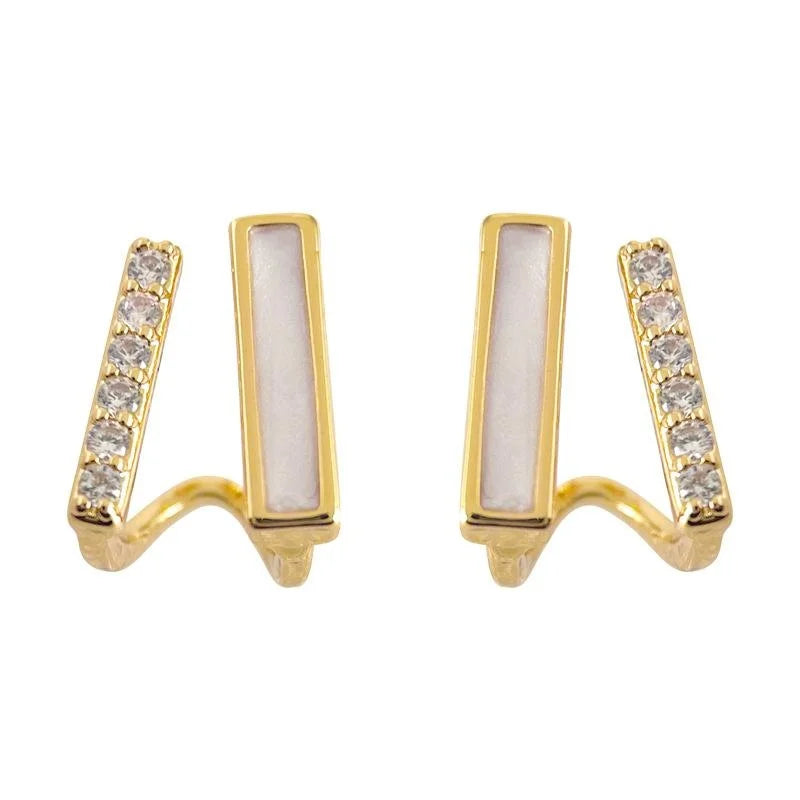 14K Gold Plated Copper Geometric Line Micro Pave Zircon Stud Earrings Minimalist Luxury Design