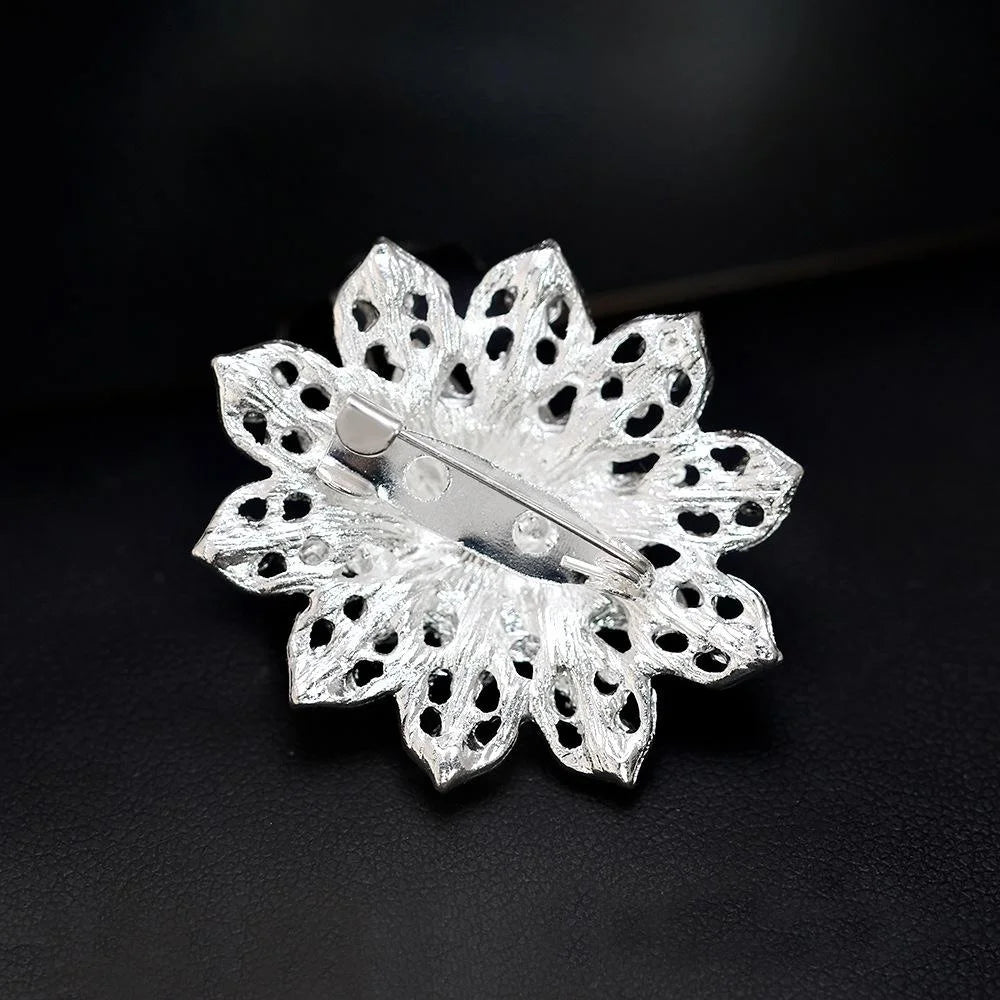 Elegant Silver Plated Rhinestone Flower Brooch, Korean Style Small Lapel Pin Corsage Suit Accessory Gift