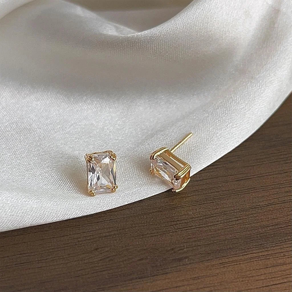 Minimalist Copper Geometric Square Zircon Stud Earrings, Ice Cube Texture Fashion Jewelry