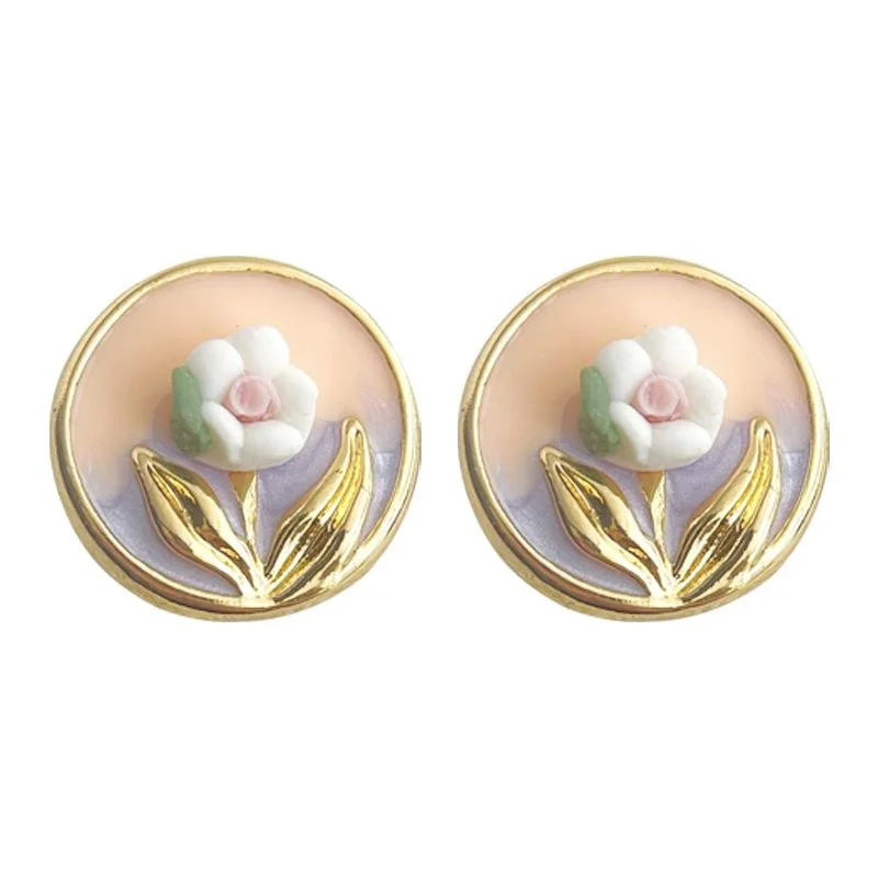 14K Gold Plated Copper Ceramic Geometric Flower Stud Earrings Fresh Sweet Enamel Style