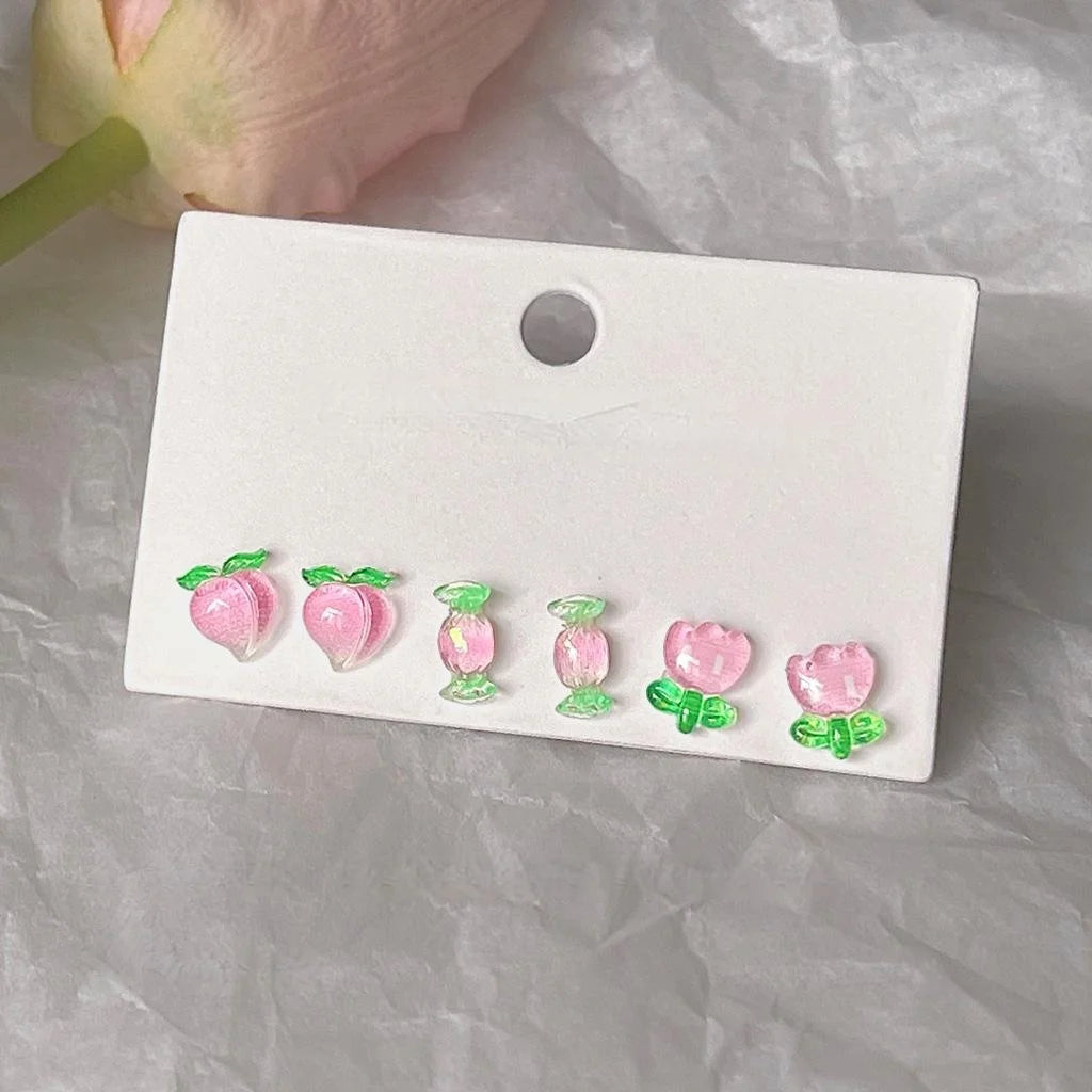 Sweet Peach Resin Mini Stud Earrings 3 Piece Silver Plated Pin Cute Fruit Petal Jewelry