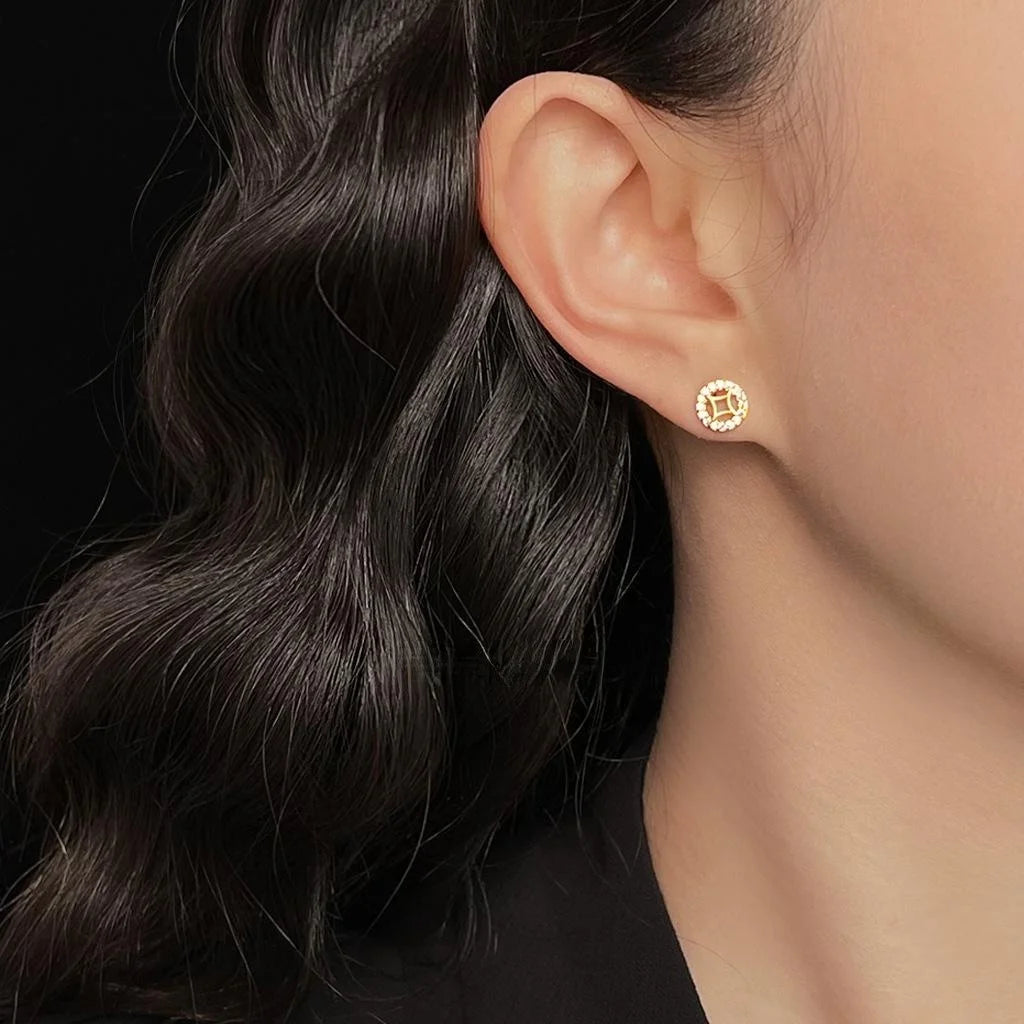 Light Luxury 14K Gold Plated Copper Micro Pave Zircon Round Geometric Stud Earrings