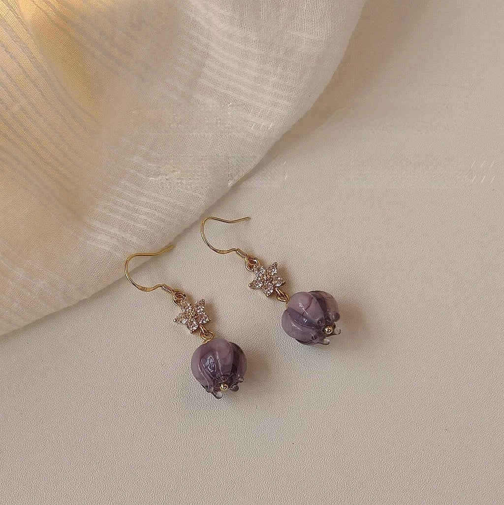 Purple Floral Glass Liuli 14K Plated Wind Chime Drop Earrings For Women