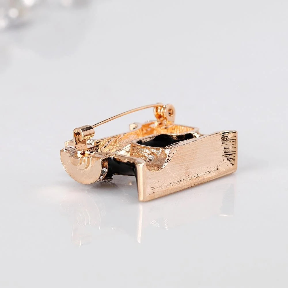 Vintage Black Enamel Sewing Machine Brooch With Rhinestones, Alloy Luxury Lapel Pin Suit Accessory Gift