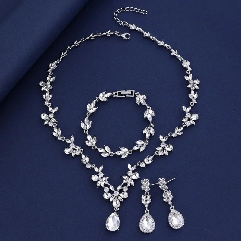 Luxury Rhinestone Water Drop Bridal Jewelry Set With Necklace Bracelet Earrings For Wedding Party