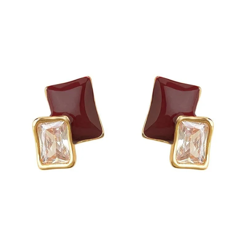 14K Plated Copper Geometric Square Zircon Burgundy Enamel Stud Earrings